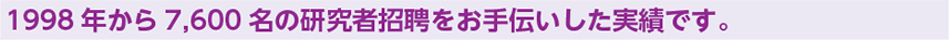 1998 年から7,600 名の研究者招聘をお手伝いした実績です。